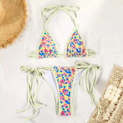 Bikini brasiliano neon con nastri stampati gialli