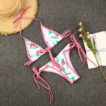 Bikini brasiliano neon con nastri stampati rossi