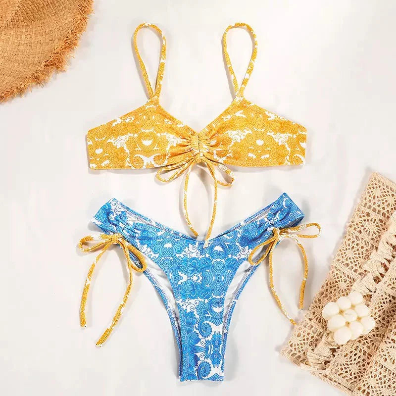 Bikini plissettato neon con nastri gialli e blu