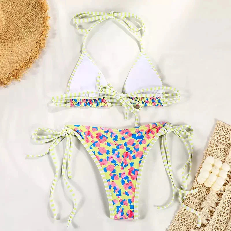 Bikini brasiliano neon con nastri stampati gialli