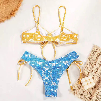 Bikini plissettato neon con nastri gialli e blu