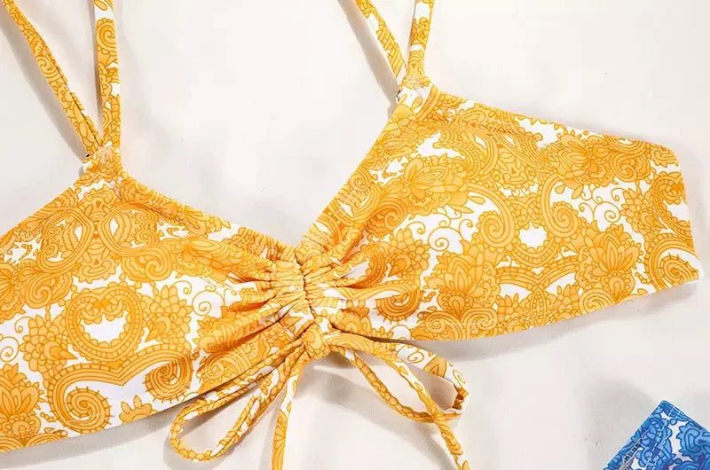 Bikini Neon Plisado Cintas Amarillo y Azul