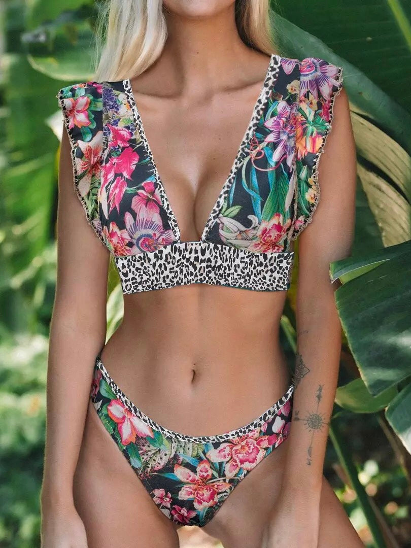 Bikini Neon Volantes Leopardo Tropical