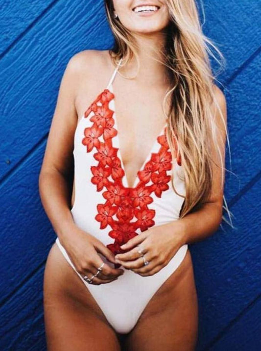 Bañador Trikini en V Estampado Flores Blanco y Rojo - LOLA IBIZA