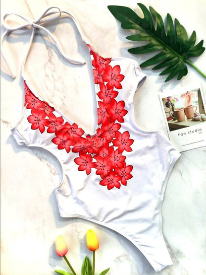 Bañador Trikini en V Estampado Flores Blanco y Rojo - LOLA IBIZA
